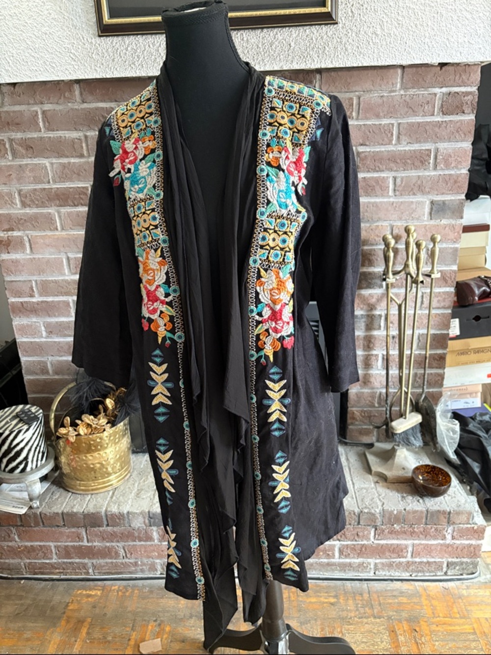 Johnny Was Black Jacket with Pink, Turquoise and Gold Embroidery